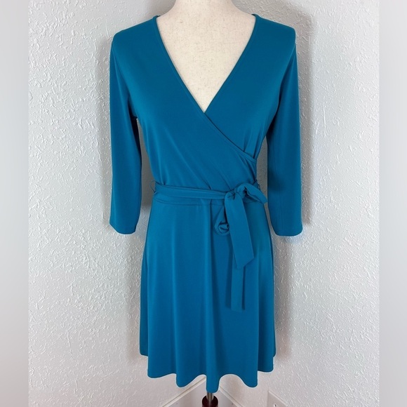 Leota Dresses & Skirts - Leota Teal Faux-Wrap V-Neck Dress Made in the USA